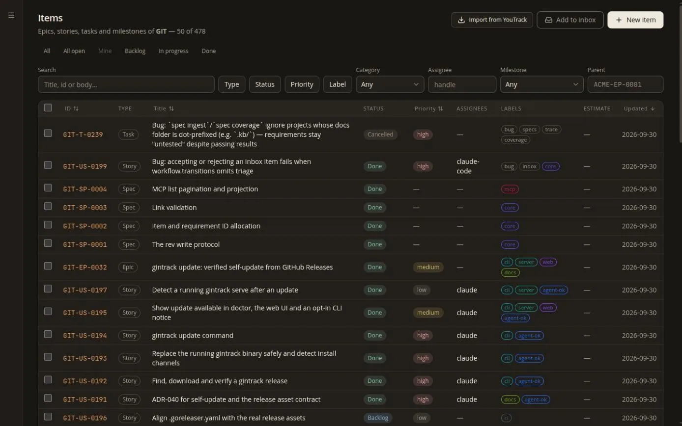 Backlog — every epic, story, task and spec of this repo, filterable